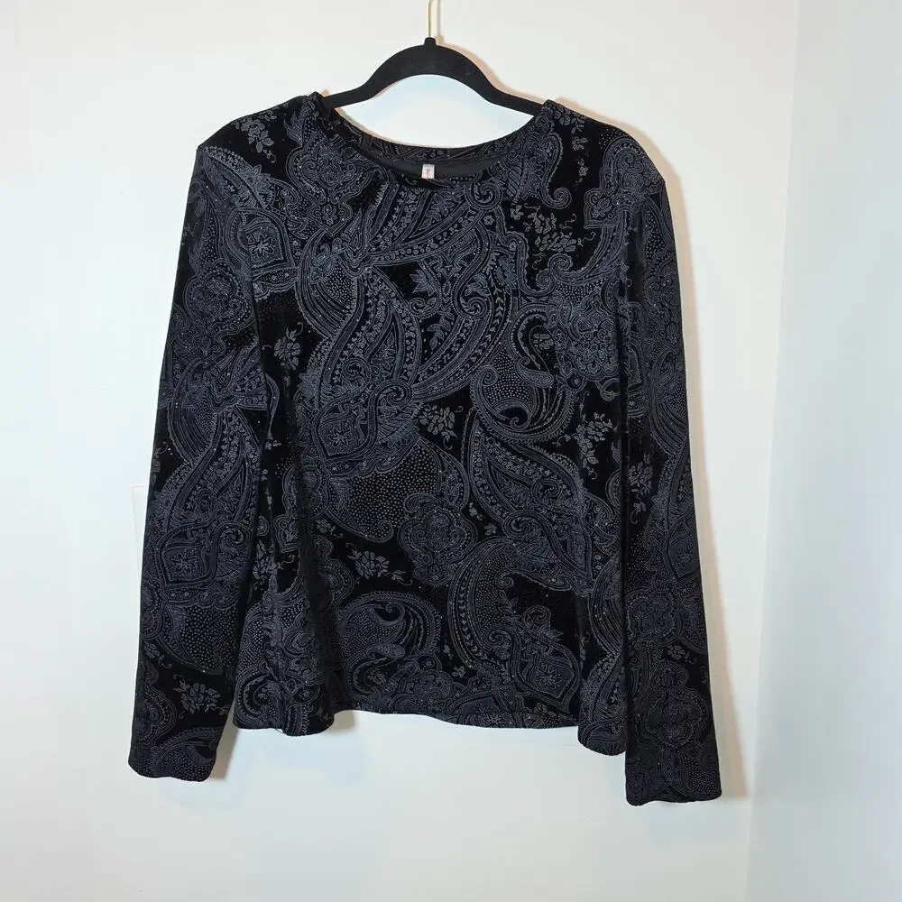 White Stag Black Paisley Velvet Long Sleeve Stretch Top Party Shimmer Size L